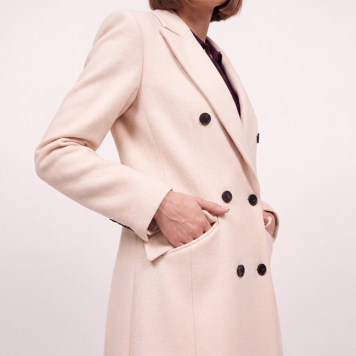 Classic Pale Cream Wool Blend Double-Breasted Midi Coat