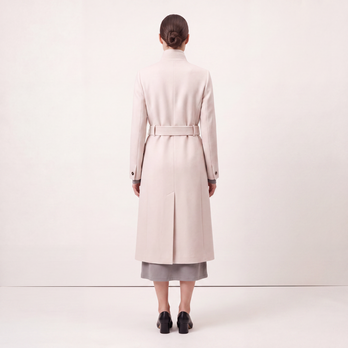 Wool-Blend High-Collar Midi Wrap Coat with Belt