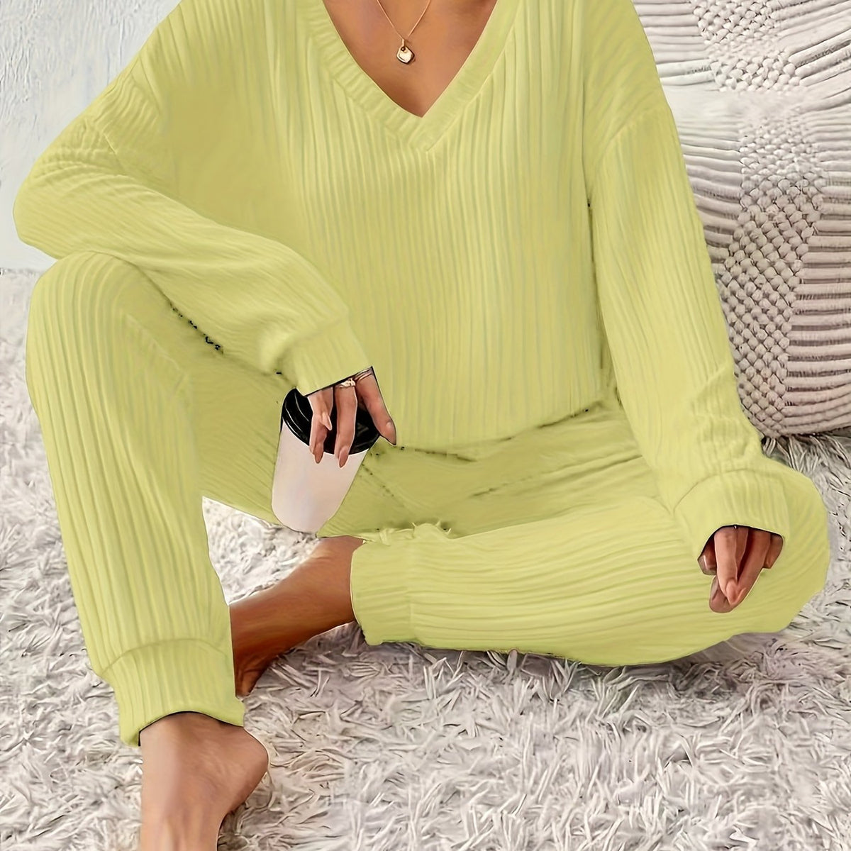 Optew Women's Lounge Set – V-Neck Long-Sleeve Knitted Two Piece
