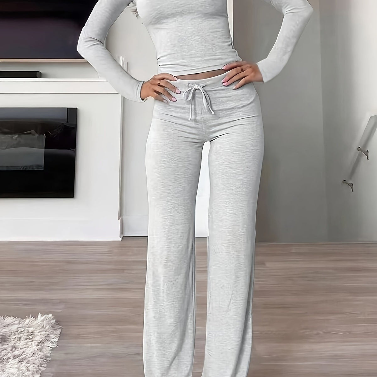 Optew Women's Loungewear Set – Ribbed Long-Sleeve Drawstring Two Piece