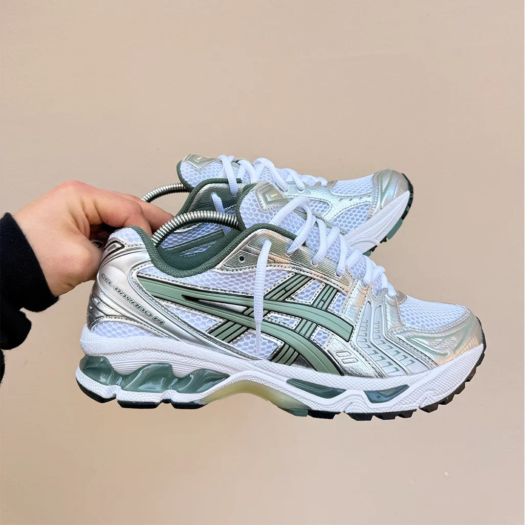 ASICS Gel-Kayano 14 White Pure Silver Slate Grey Sage Trainers