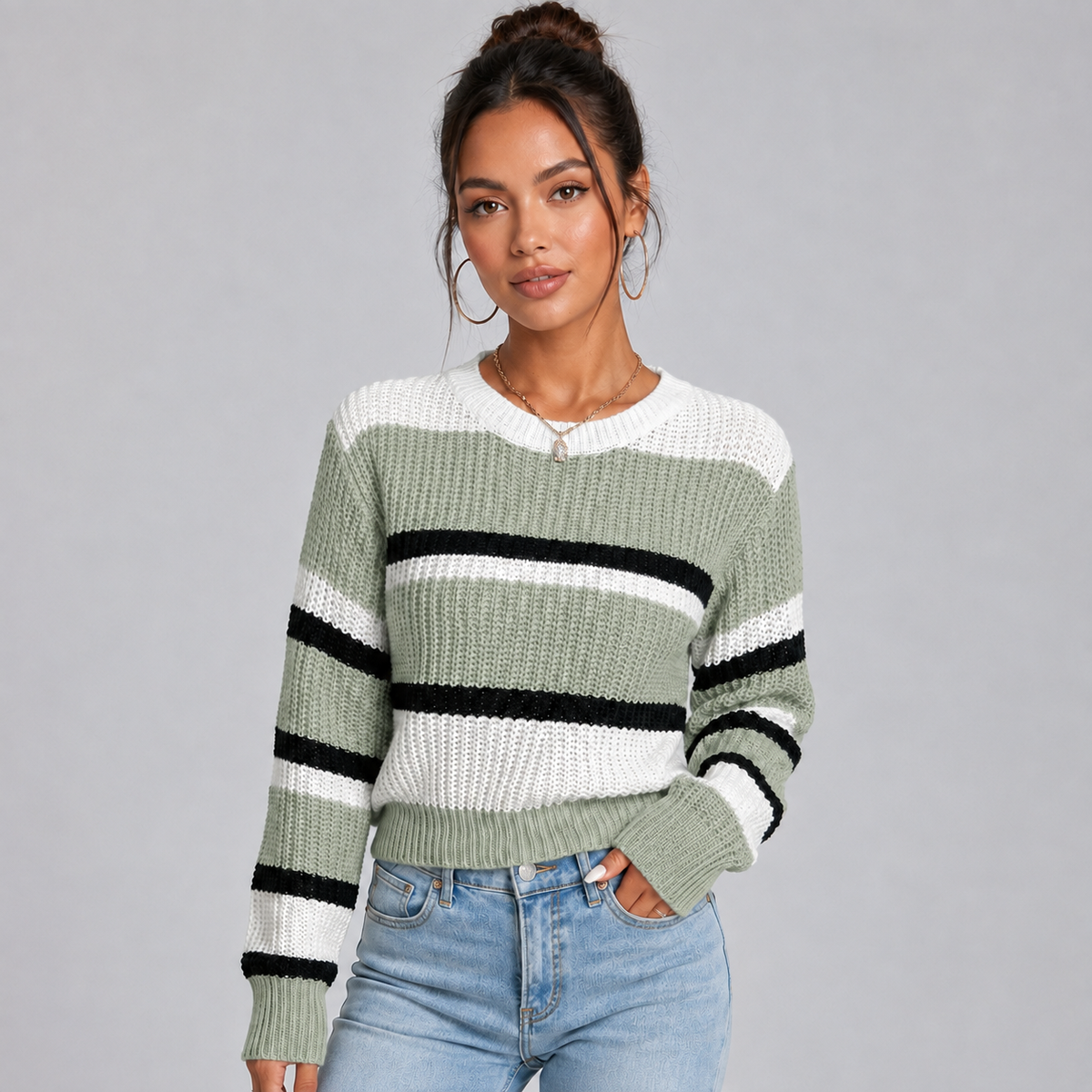 Optew Women's Cropped Striped Jumper – with Round-Neck