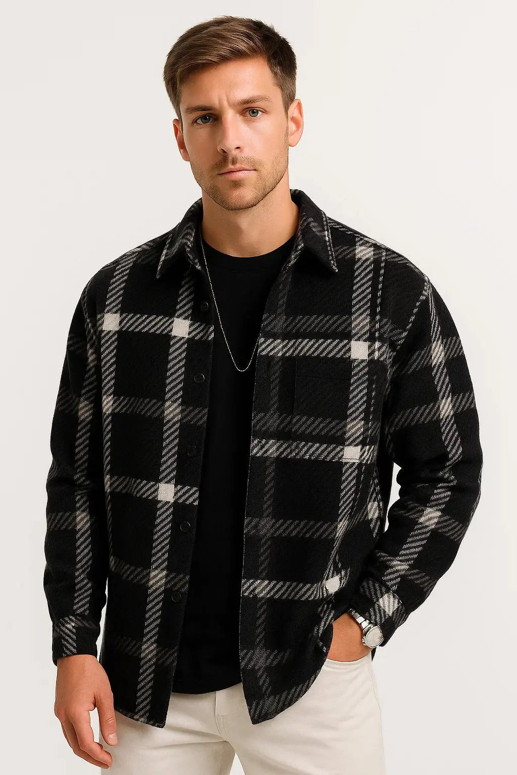 Optew Men's Casual Shirt Cotton-Polyester Blend Long Sleeve Checkered Khaki