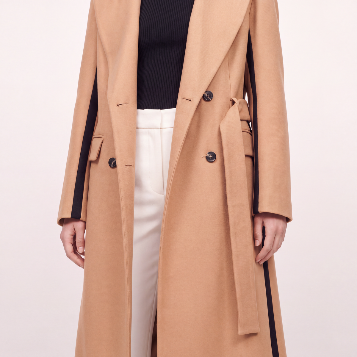 Two-Tone Camel Statement Wrap Coat with Black Contrast Panels