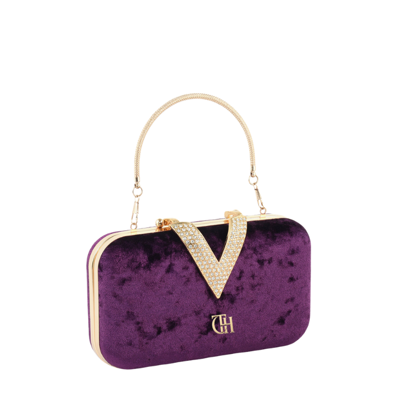 Women's Velour V Glam Purple Evening Clutch with Crystal Detail
