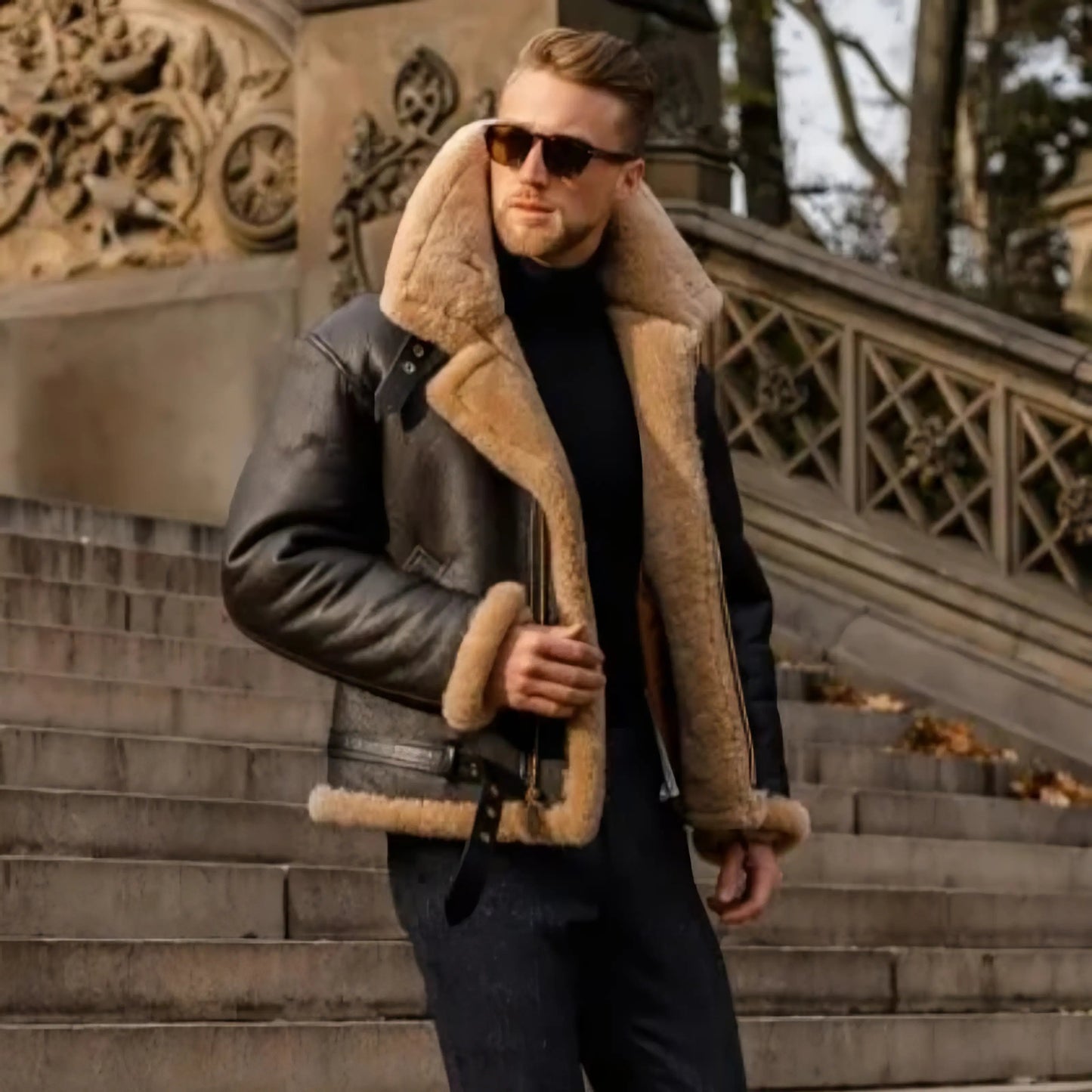 Optew Men’s Shearling Aviator Pilot Jacket – Classic