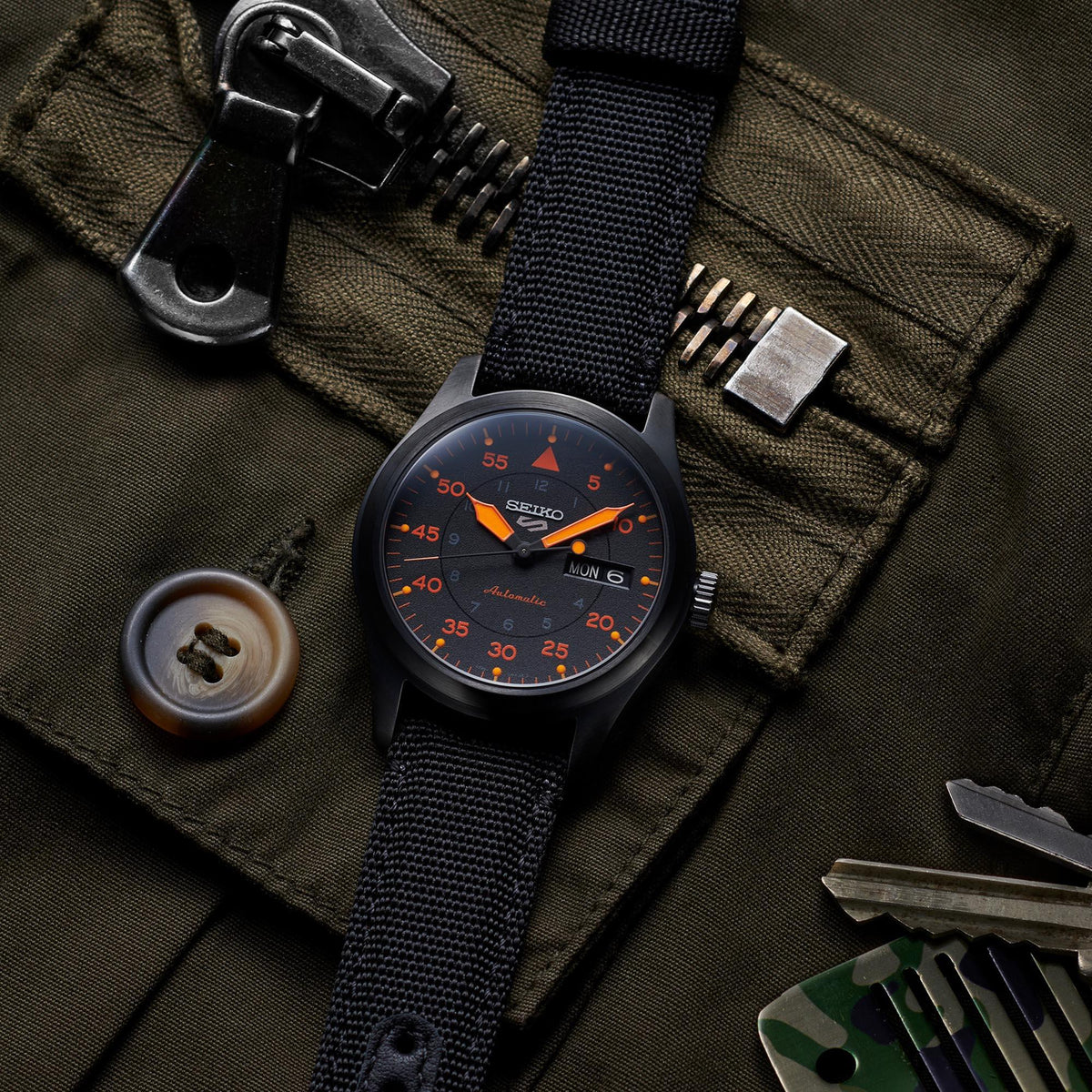 Seiko 5 Flieger Pilot/Aviation Style Automatic Black and Orange Dial Canvas Strap Men's Wristwatch SRPH33K1