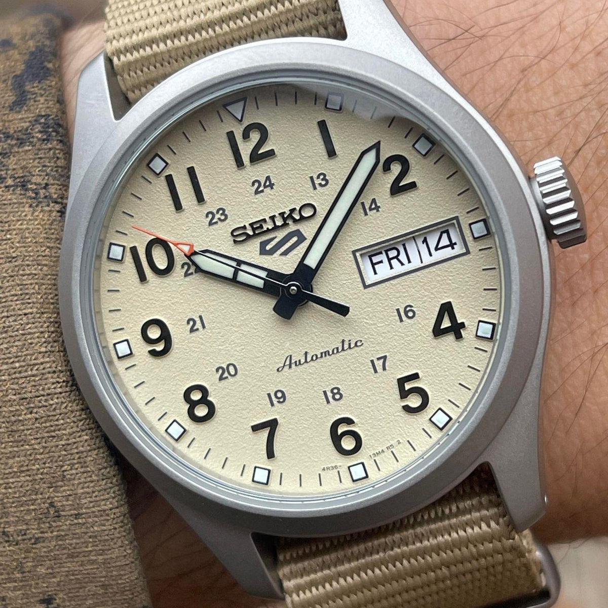 Seiko 5 Sports 'Desert Kit' Midfield Automatic Beige Dial Beige Nylon Strap Men's Wristwatch SRPJ83K1