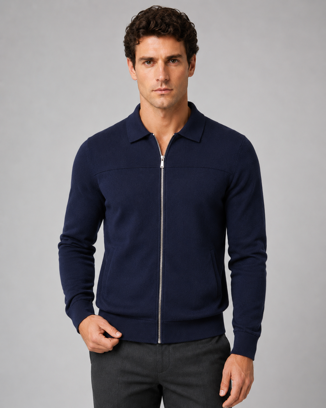 Men's Full Zip Knitted Cardigan – Regular Fit Shirt Collar