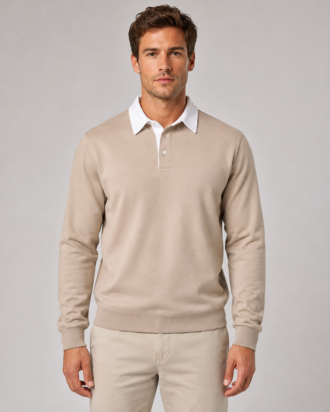 Men's Long Sleeve Knitted Polo Jumper – Contrast Collar
