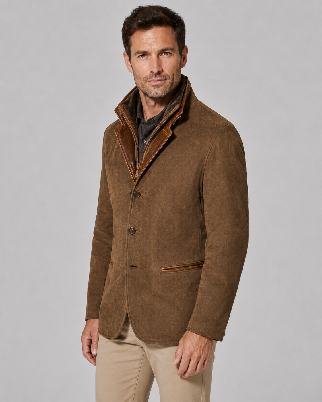 Men's Suede Look Jacket – Regular Fit Layered Zip Collar