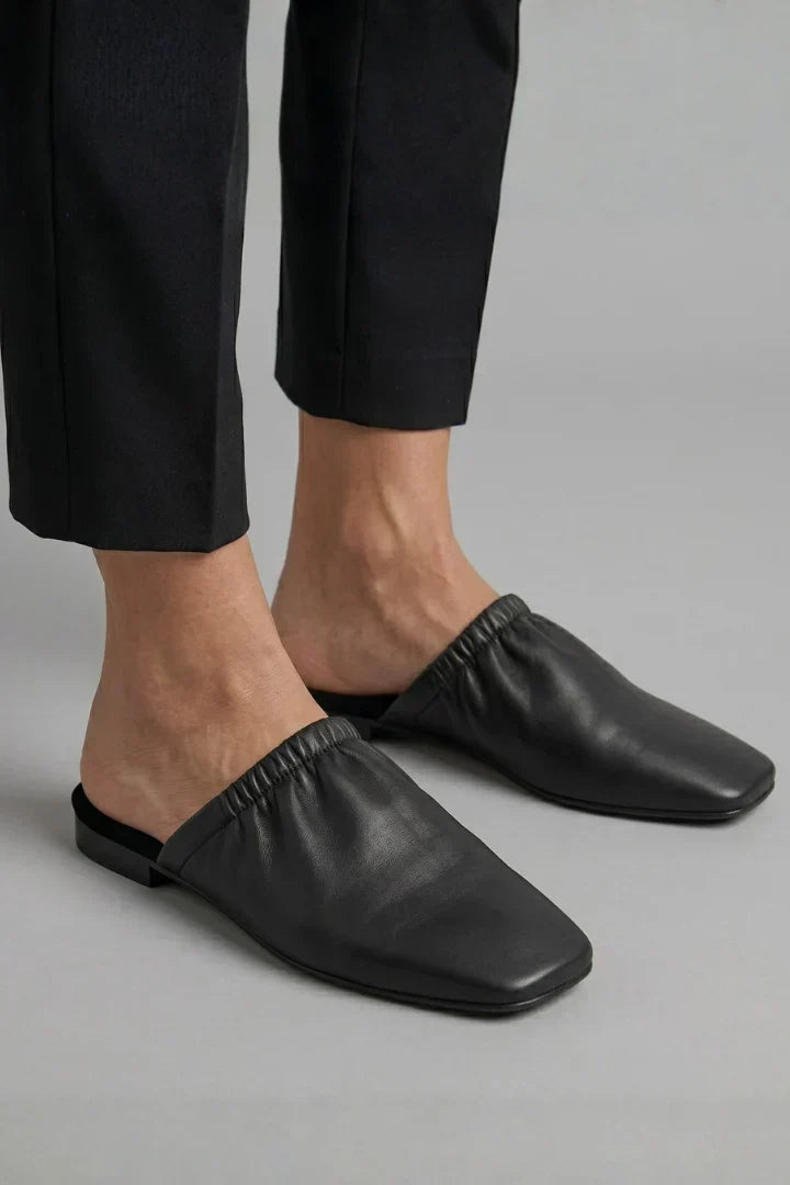 Mules Shoes For Women | Square Toe Black Leather Slip-On