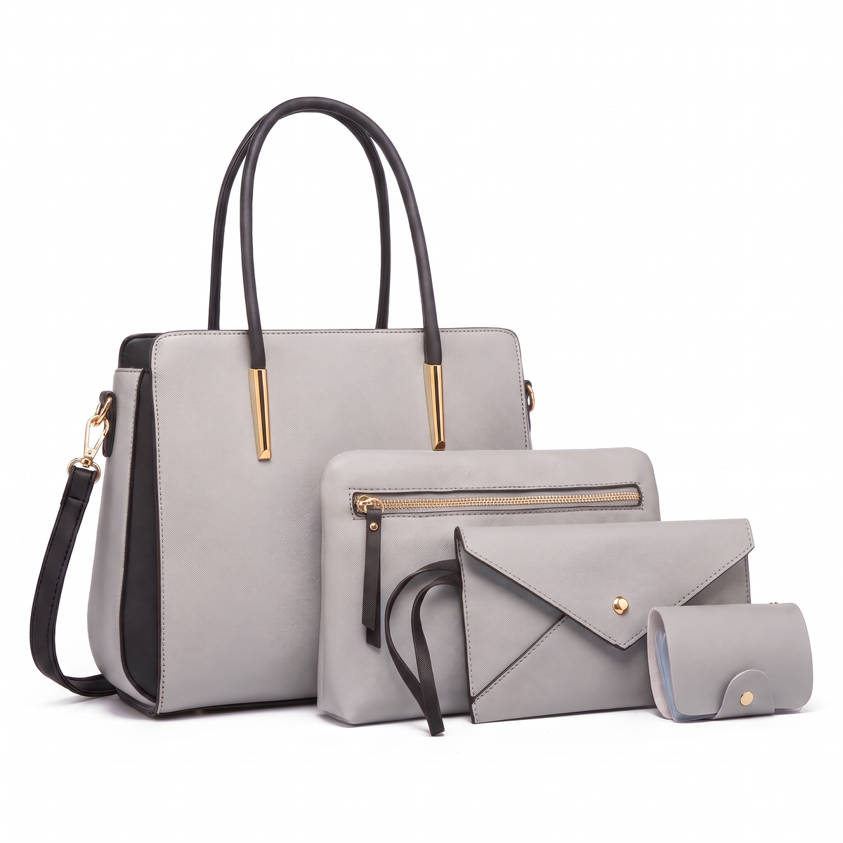 4-Piece Handbag and Purse Set, Two Tone Tote Bag with Pouch, Clutch and Card Holder – Gift Set for Her