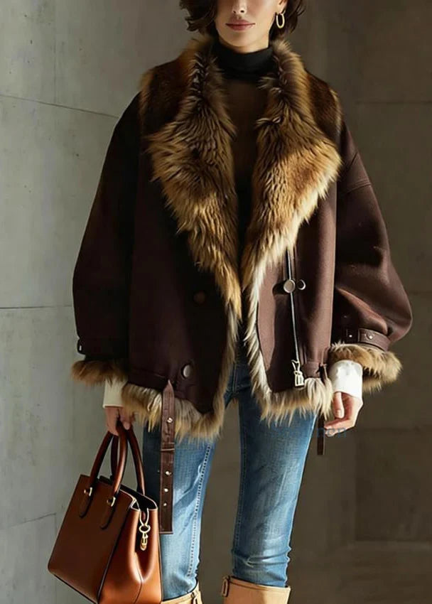 Women's Brown Leather Jacket | Buckle Details and Faux Fur Collar