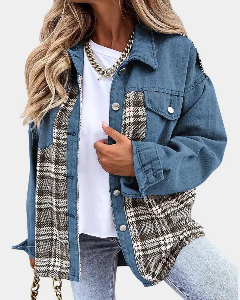 Women's Denim Jacket | Long Sleeve with Plaid Contrast