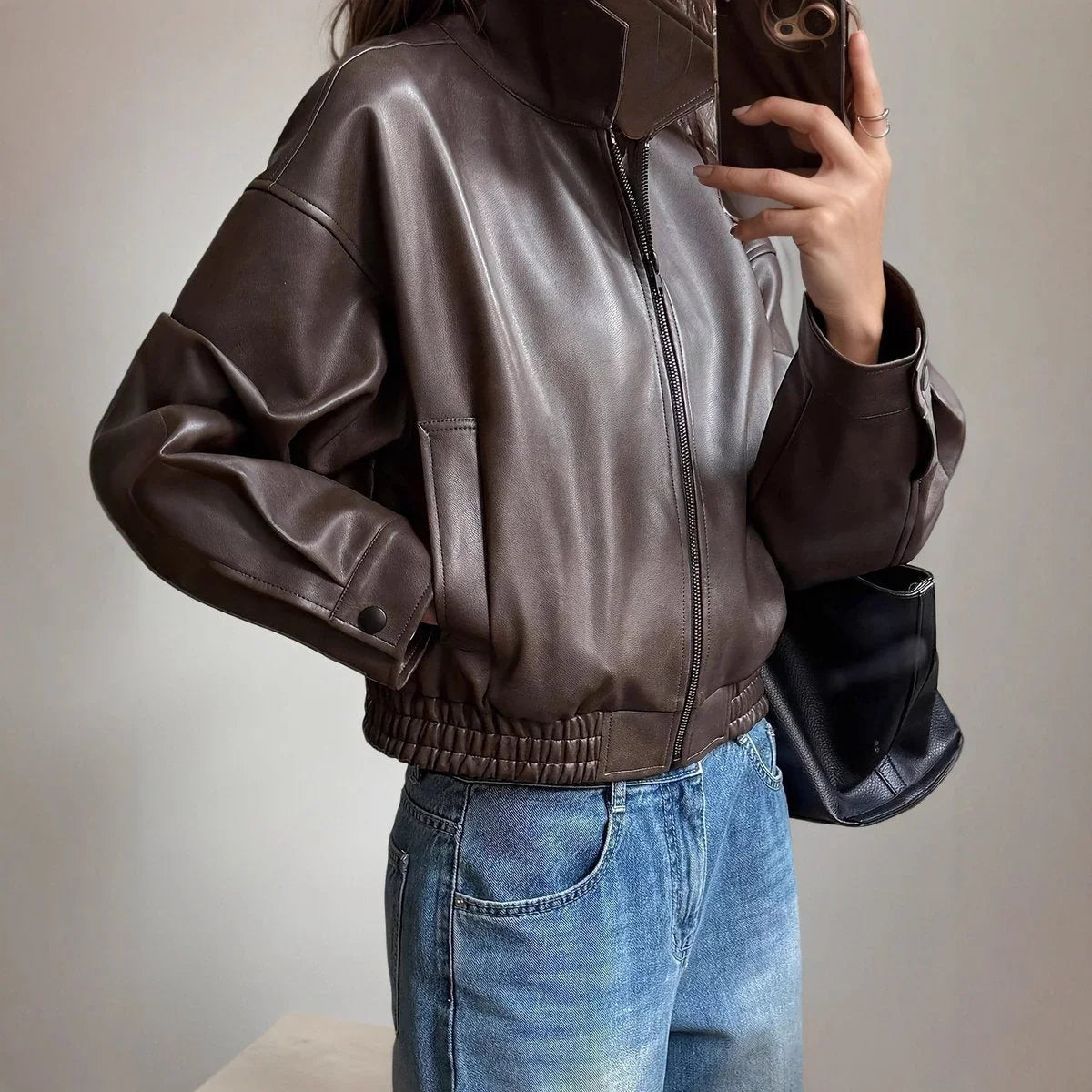 Women's Leather Jacket | Brown Cropped Zip-Up Bomber