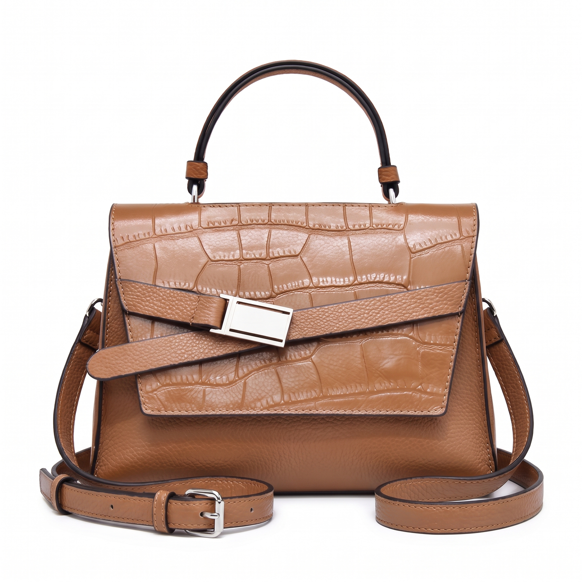 Croc Faux Leather Top Handle Satchel for Women, Dusty Blue Belted Flap Bag