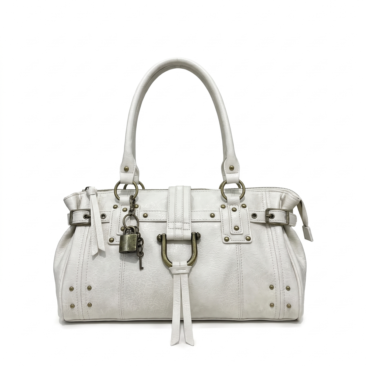 Faux Leather Padlock Bowling Bag for Women, Black Y2K Belted Handbag