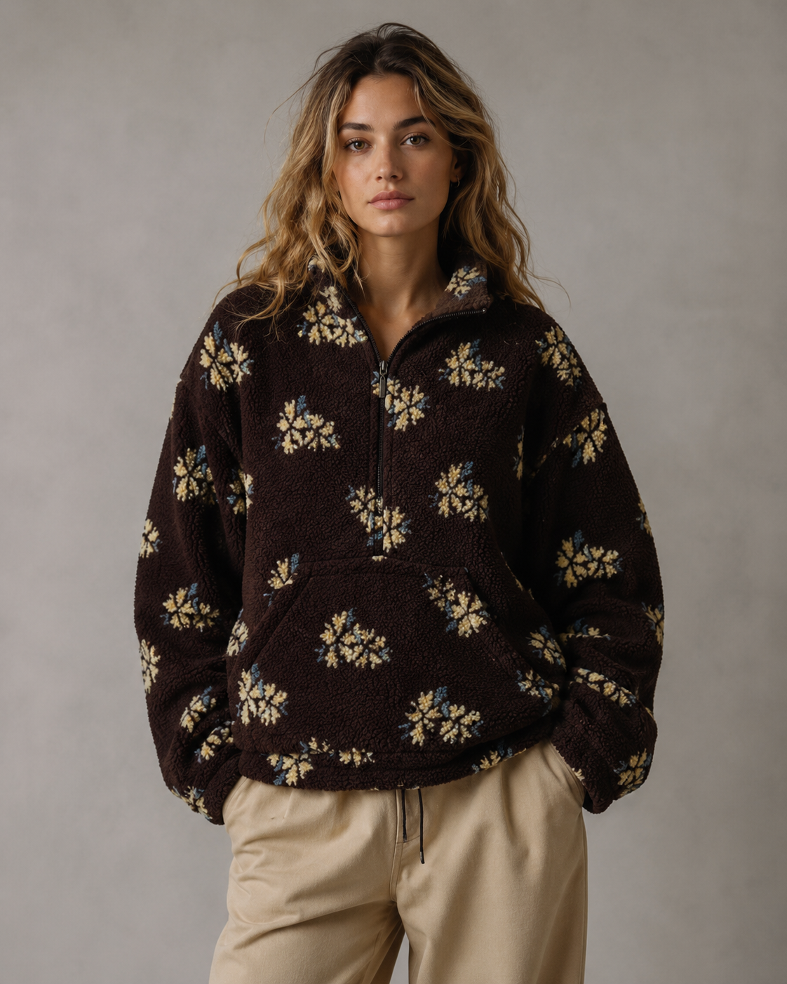 Women's Floral Sherpa Quarter Zip Pullover – Boxy Oversized Fit