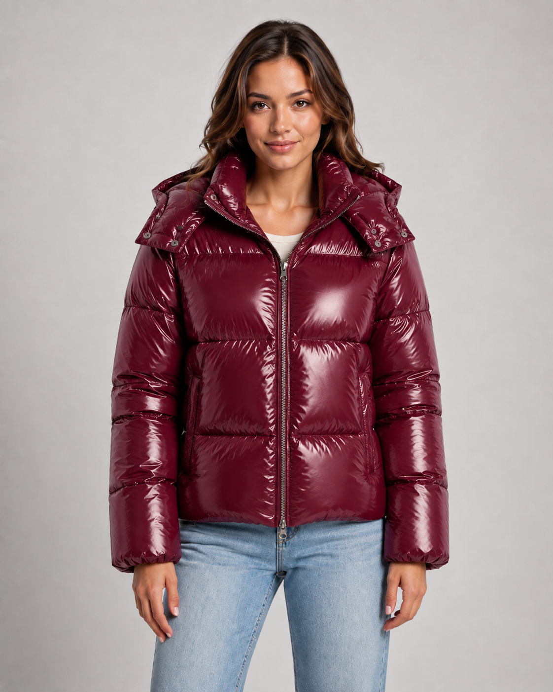Women's Glossy Hooded Puffer Jacket – Cropped Zip Front