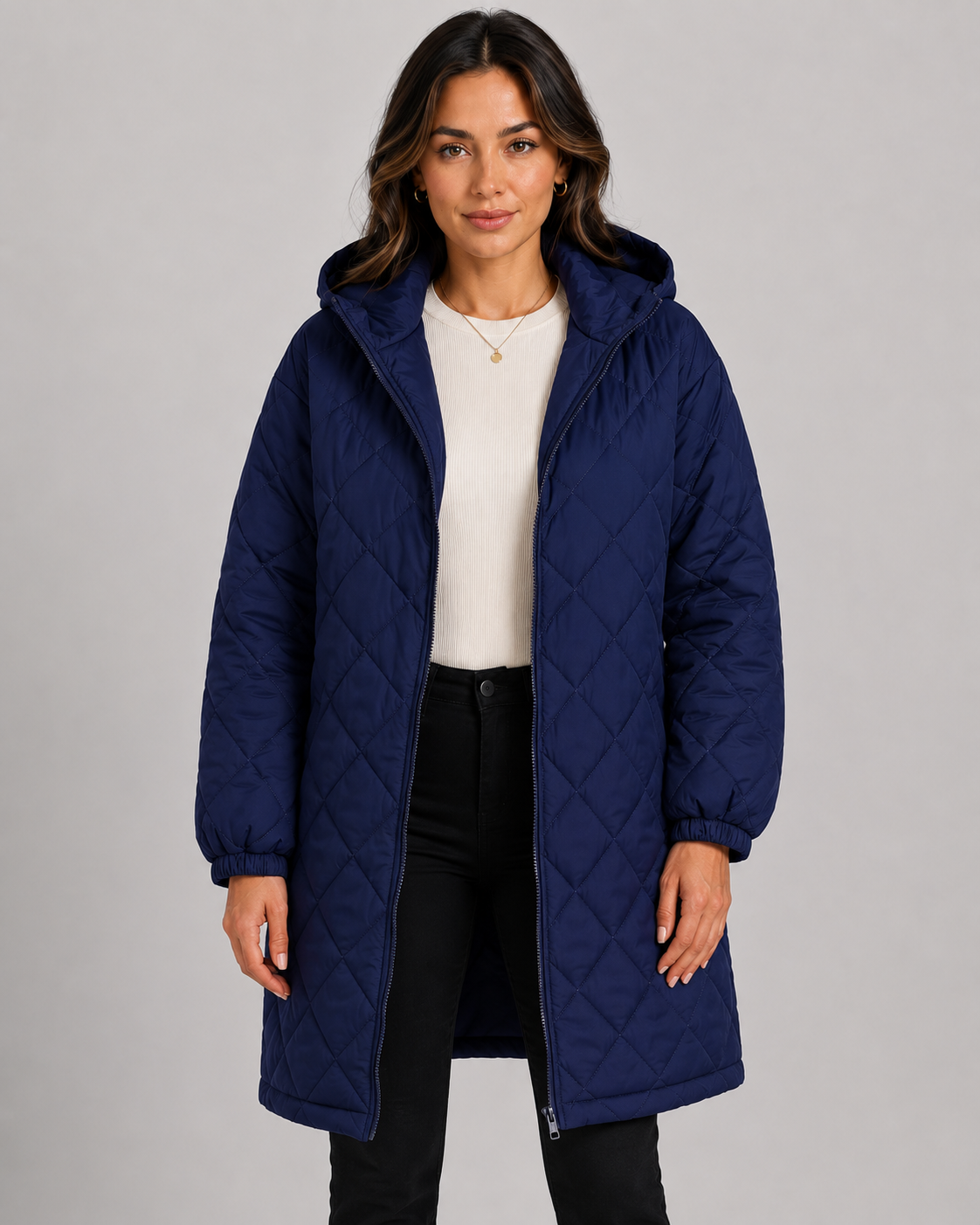 Women's Longline Quilted Hooded Puffer Coat – Relaxed Fit Zip Front