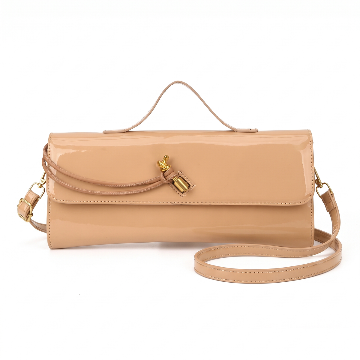 Patent Faux Leather Baguette Bag for Women, Black Gold Knot Flap Shoulder Bag
