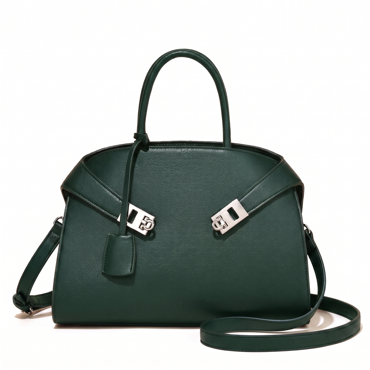 Pebbled Faux Leather Top Handle Bag for Women, Black Turn Lock Structured Handbag