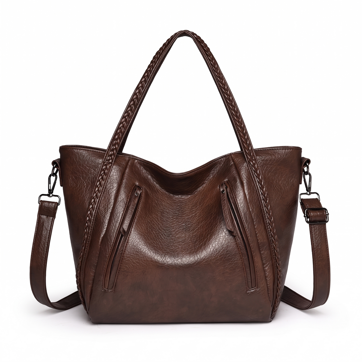 Slouchy Faux Leather Tote Bag for Women, Black Plaited Handle Shoulder Tote