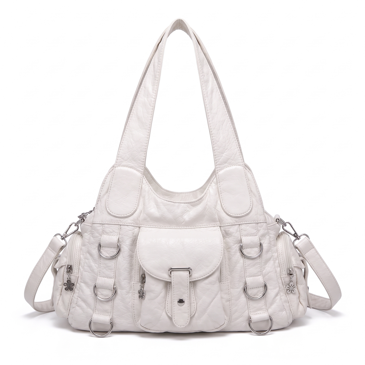 Washed Faux Leather Hobo Bag for Women, Purple Y2K D-Ring Shoulder Bag
