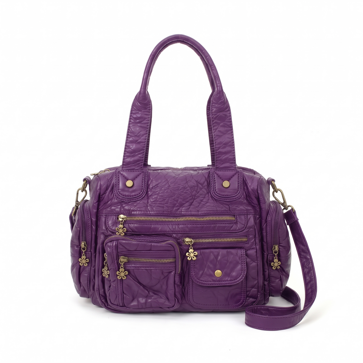 Washed Faux Leather Multi Pocket Shoulder Bag for Women, Black Y2K Bag