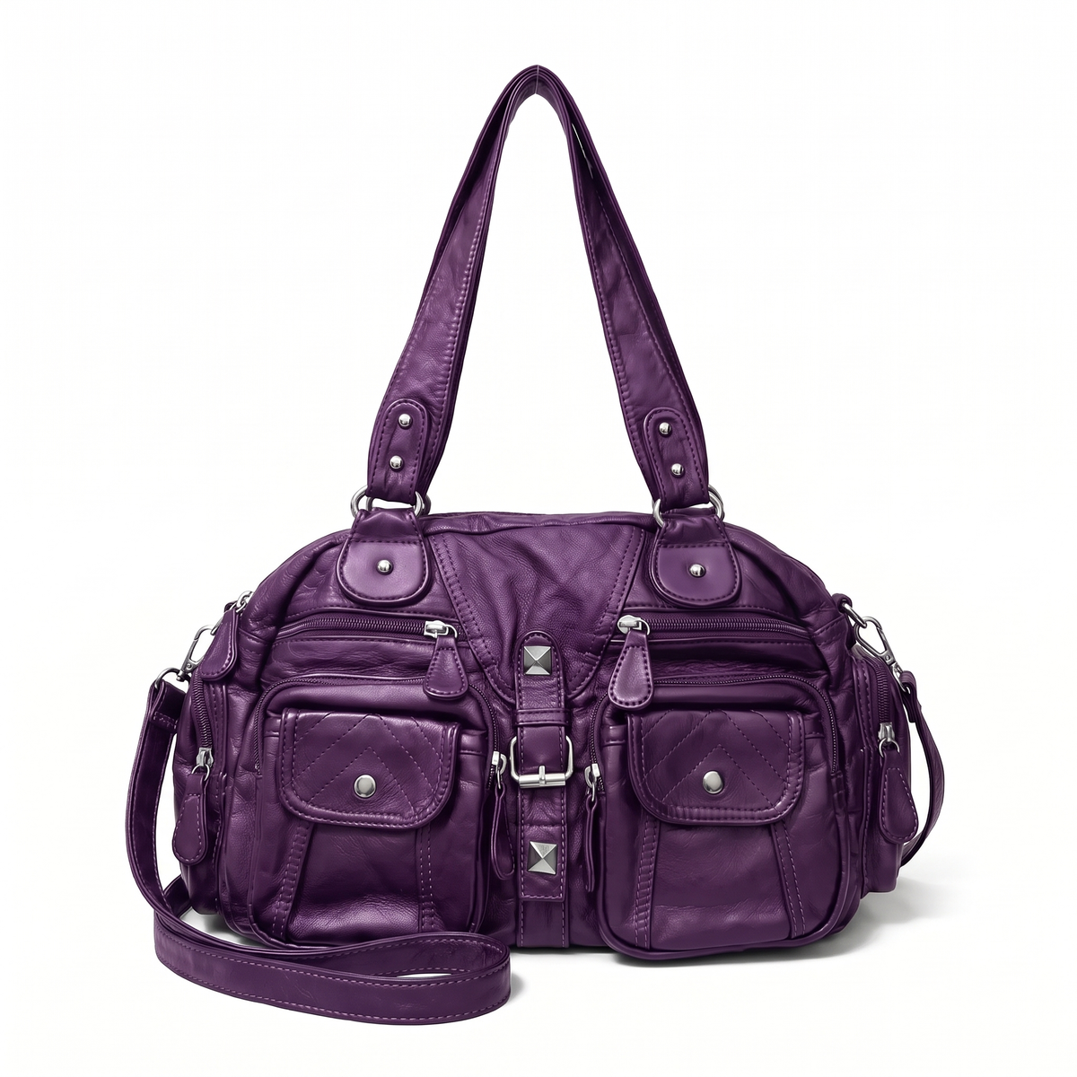 Washed Faux Leather Pocket Shoulder Bag for Women, Black Y2K Studded Bag