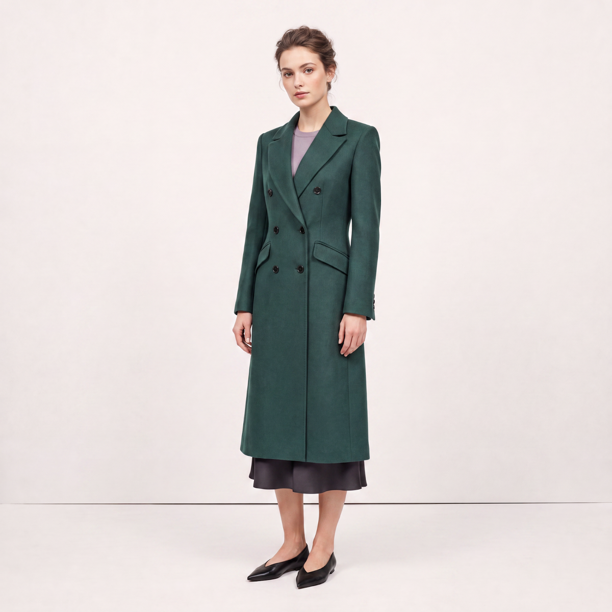 Emerald Green Tailored Double-Breasted Wool Blend Coat