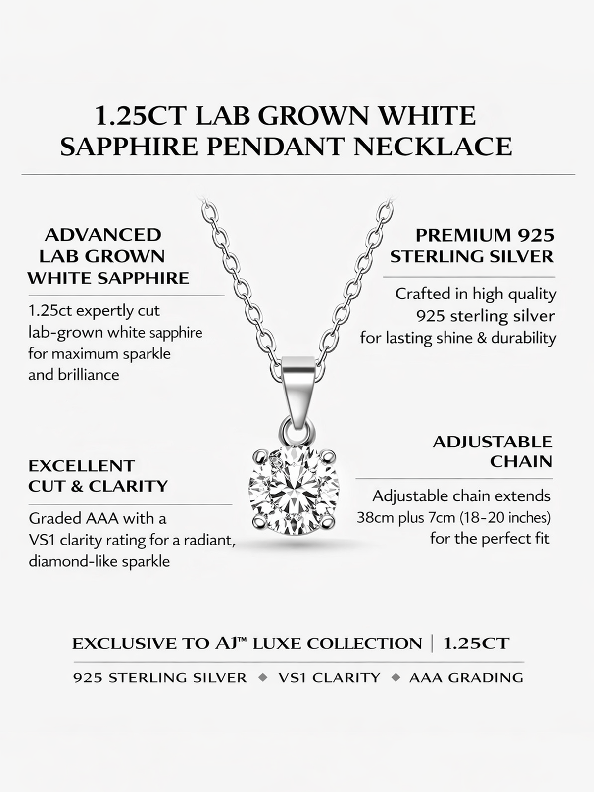 Lab Grown White Sapphire Pendant Necklace, 1.25ct