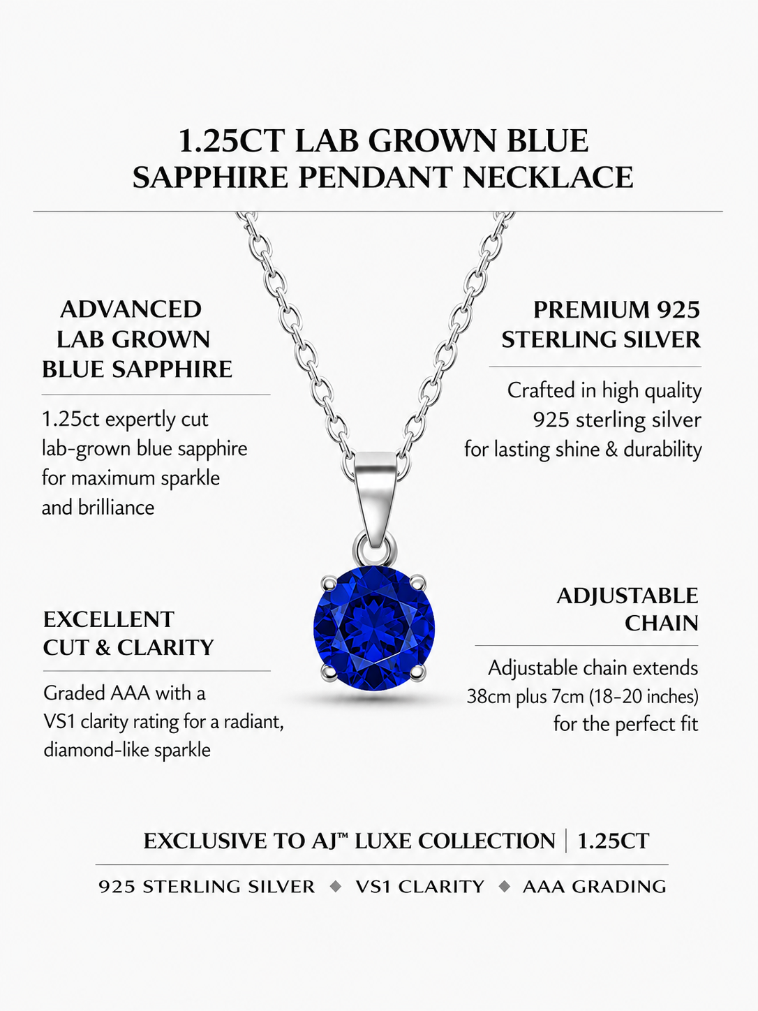 Lab Grown Blue Sapphire Pendant Necklace, 1.25ct