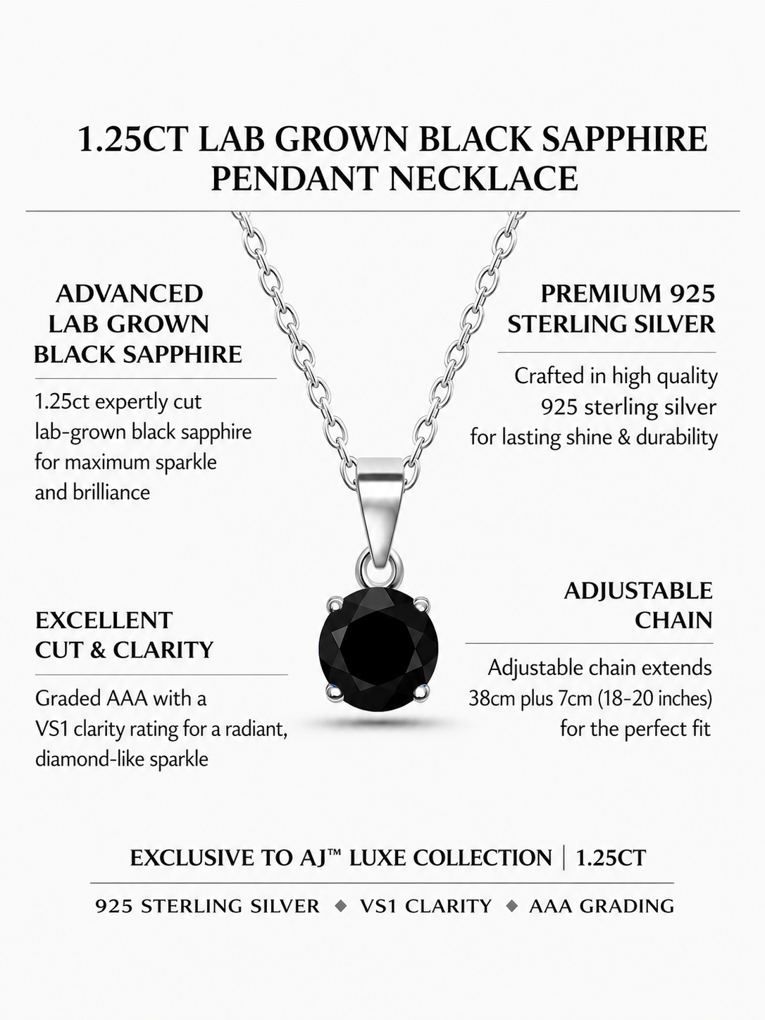 Lab Grown Black Sapphire Pendant Necklace, 1.25ct