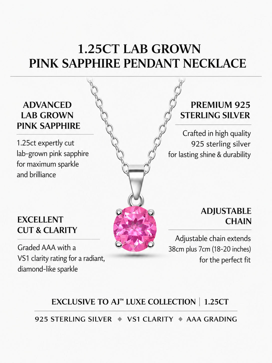 Lab Grown Pink Sapphire Pendant Necklace, 1.25ct