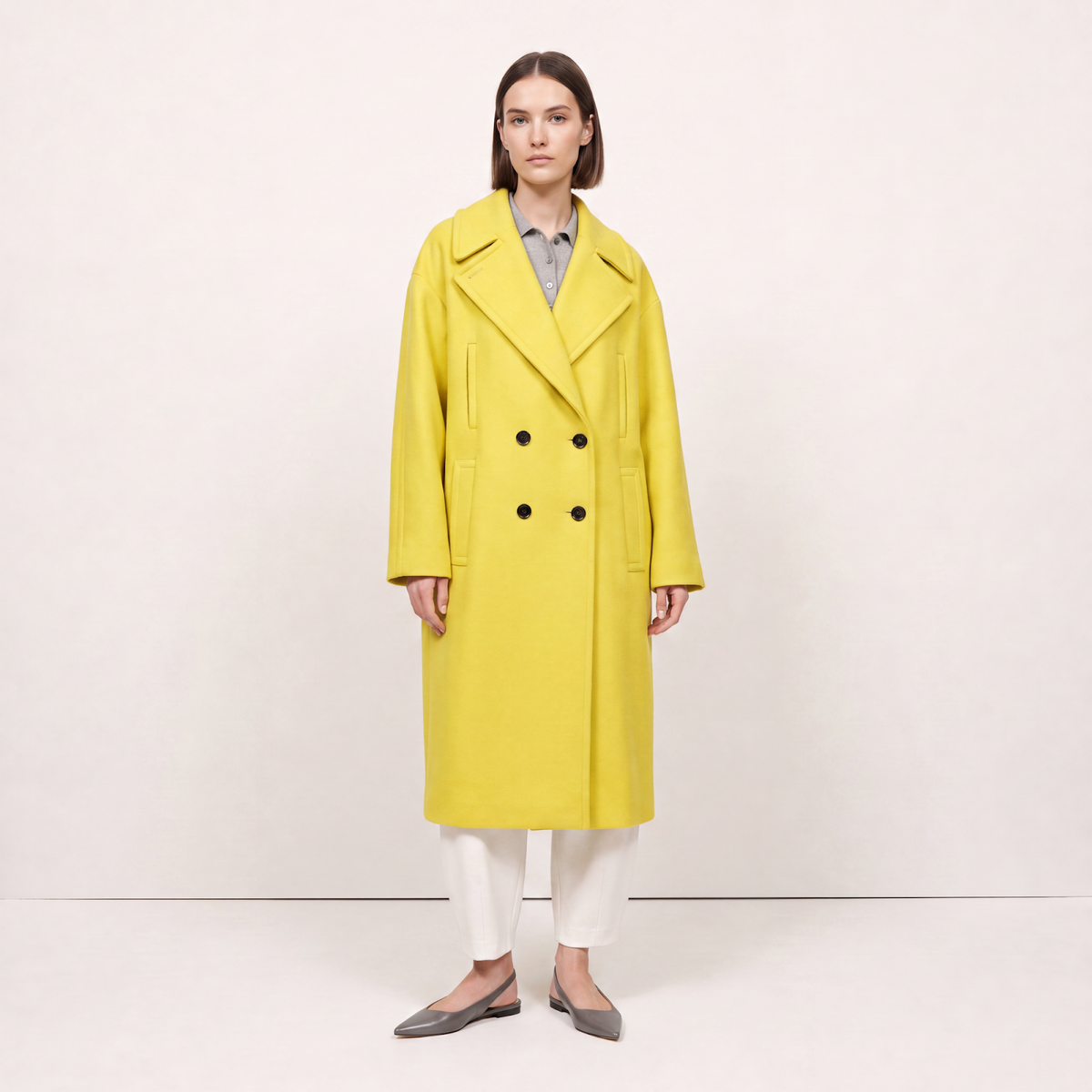 Lemon Yellow Double-Breasted Wool Blend Statement Coat