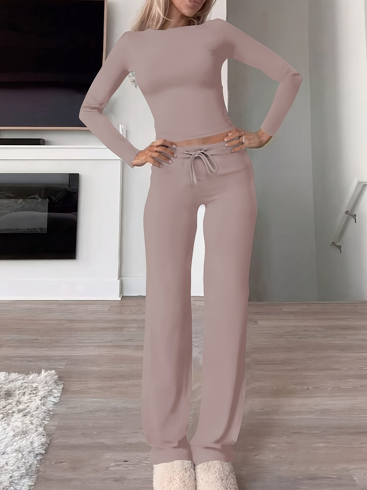 Optew Women's Loungewear Set – Ribbed Long-Sleeve Drawstring Two Piece