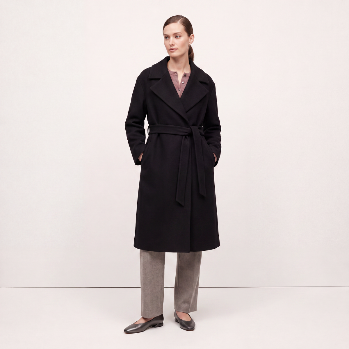 Regent Wool-Blend Wrap Coat with Belt - Black