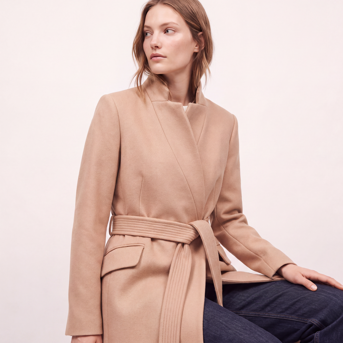 Classic Camel Belted Wool Wrap Coat