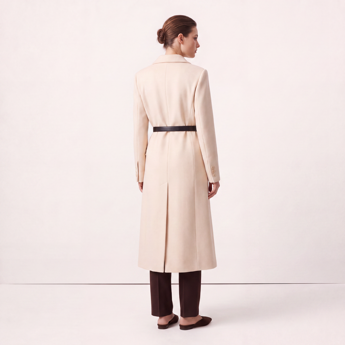 Cream Wool Blend Tailored Coat with Statement Belt