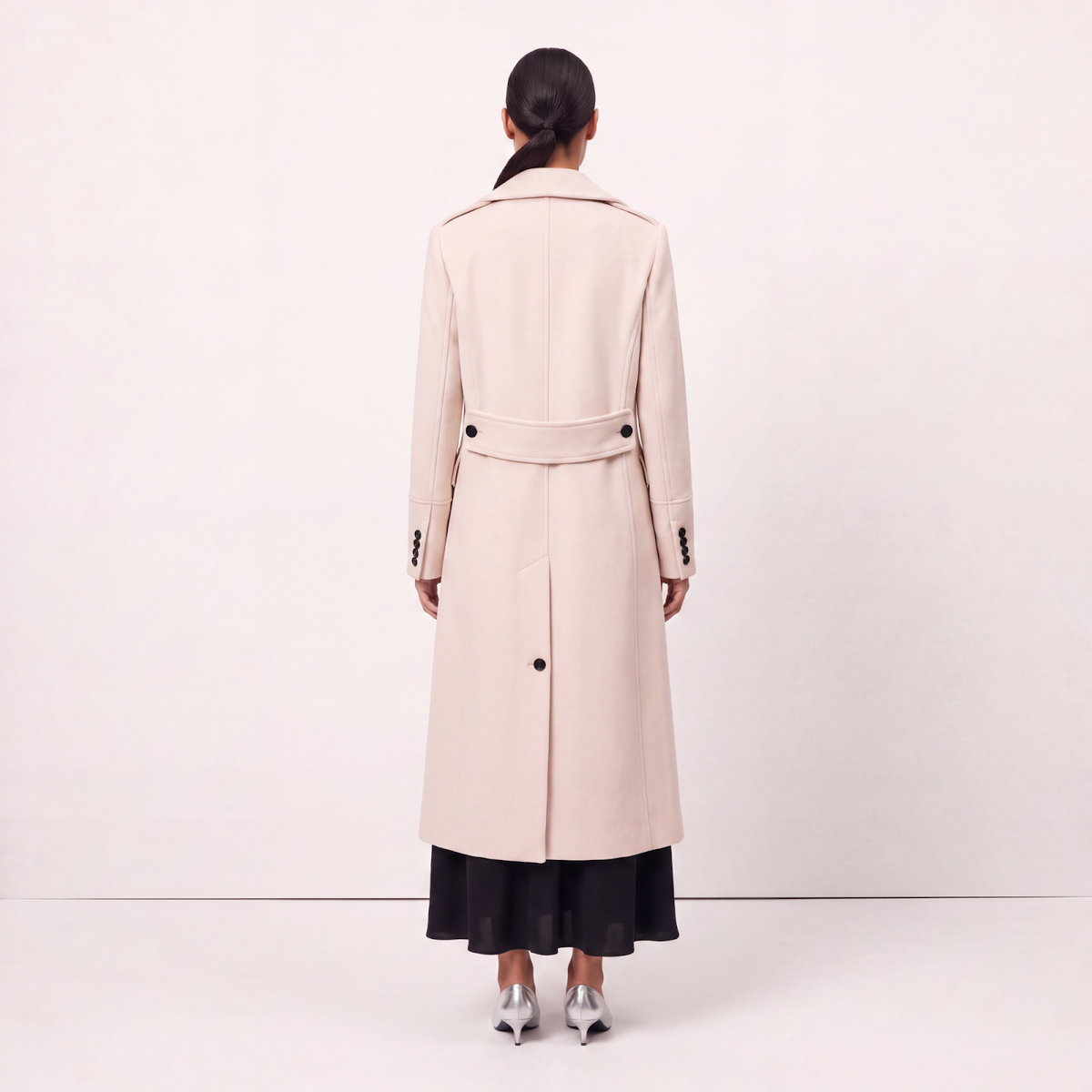 Cream Double-Breasted Longline Wool Coat