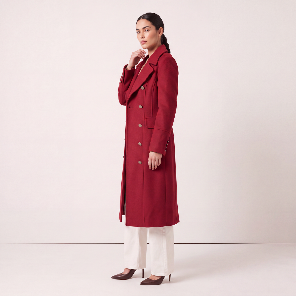 Red Double-Breasted Wool-Blend Statement Coat with Shoulder Detail