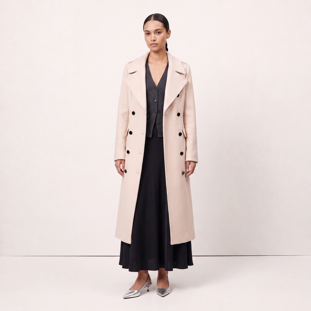 Cream Double-Breasted Longline Wool Coat
