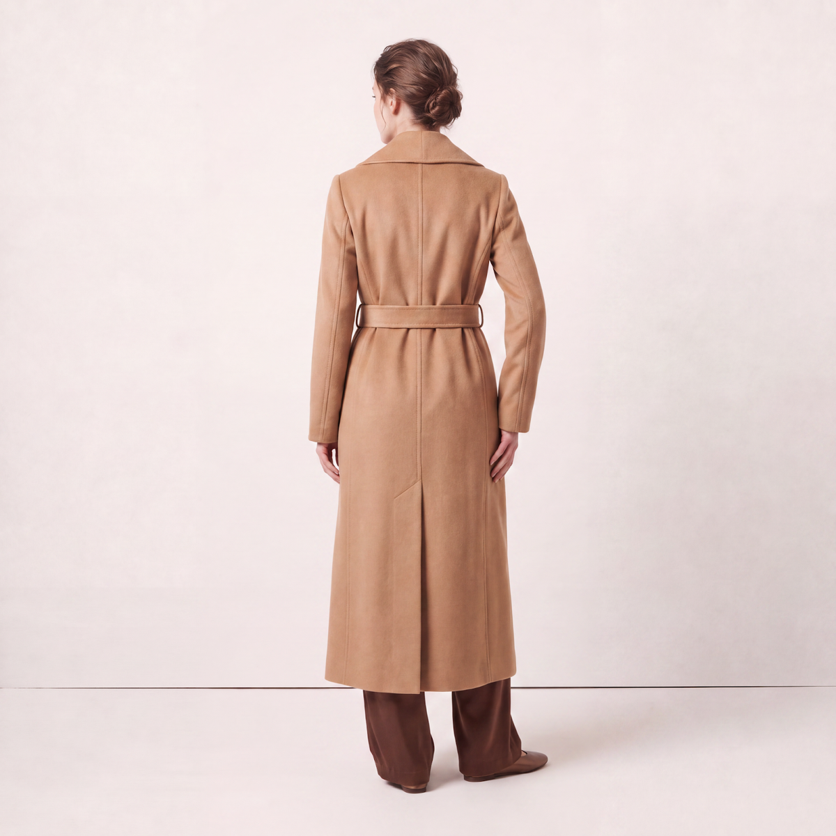 Pure Cashmere Longline Wrap Coat with Shawl Collar - Camel