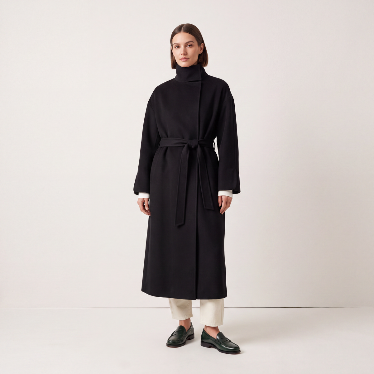 Cricket Pure Cashmere Belted Coat with Funnel Collar - Black