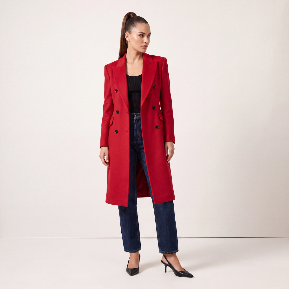 Red Double-Breasted Wool Blend Statement Coat with Power Shoulders