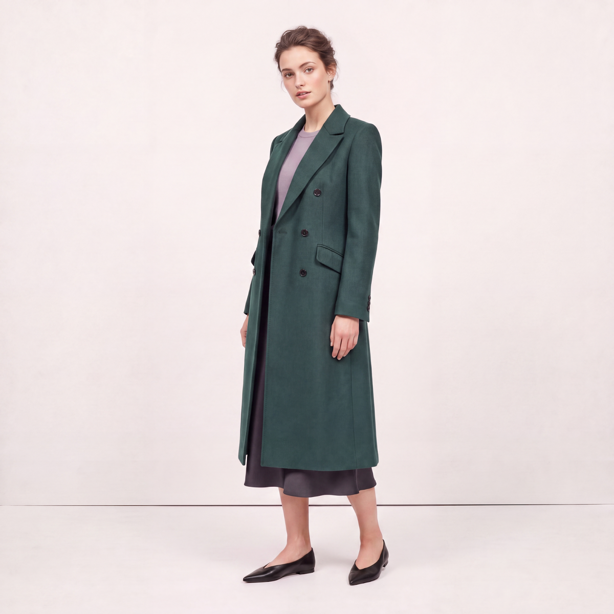 Emerald Green Tailored Double-Breasted Wool Blend Coat