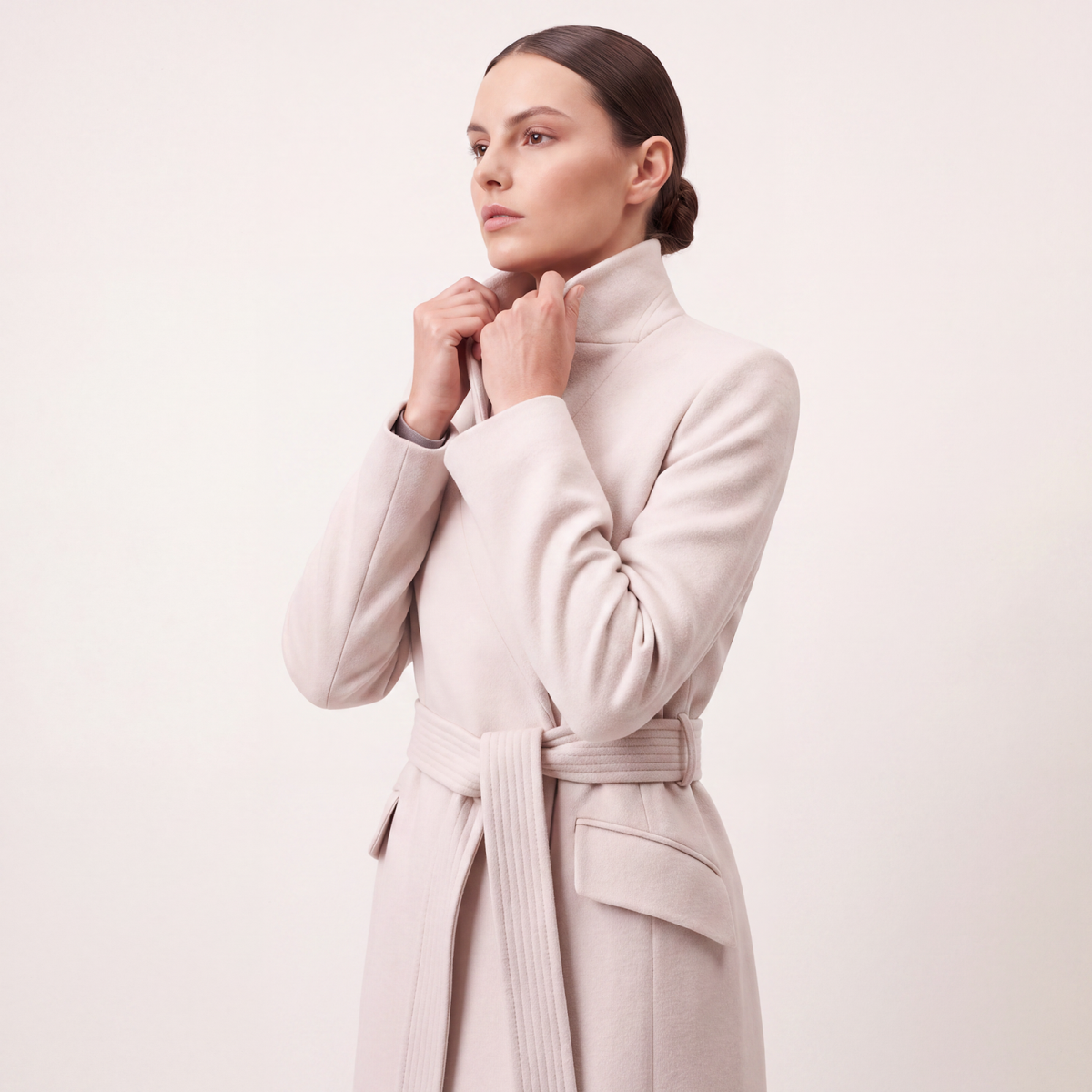 Wool-Blend High-Collar Midi Wrap Coat with Belt