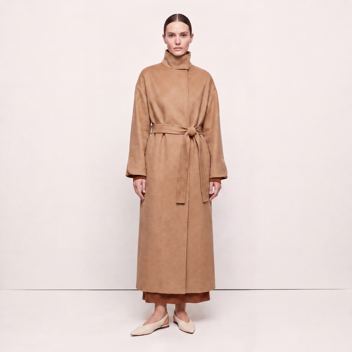 Cricket Cashmere Wrap Coat with Stand Collar - Camel
